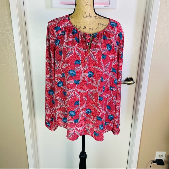 Bohemian Rose & Olive Women's Red Floral Blouse Tie Front Long S Large Hippie - Picture 3 of 10